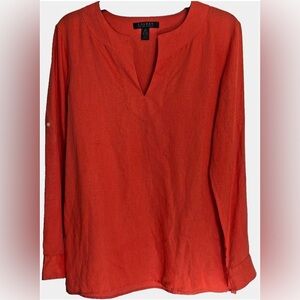 Lauren Ralph Lauren Orange 100% Linen Split Neck Tunic Medium M Classic Blouse